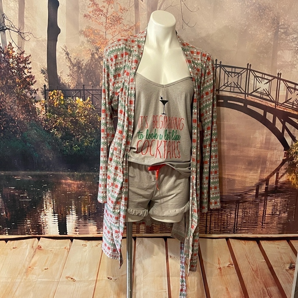 Cozy Gray and Red Pajama Set with Robe